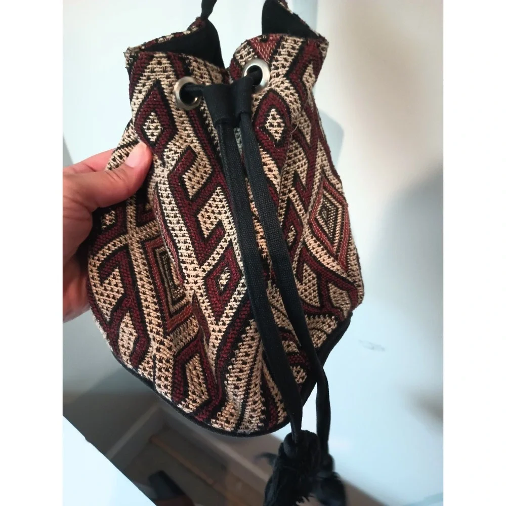 Forever 21 Woven Jacquard Drawstring Bucket Backpack Geometric Tribal Boho Small